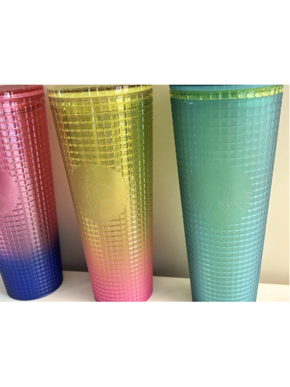 Lot (3) Starbucks Tumbler 24 oz Venti Iridescent Ombré Grid Vibrant Pink Green + - Picture 4 of 12